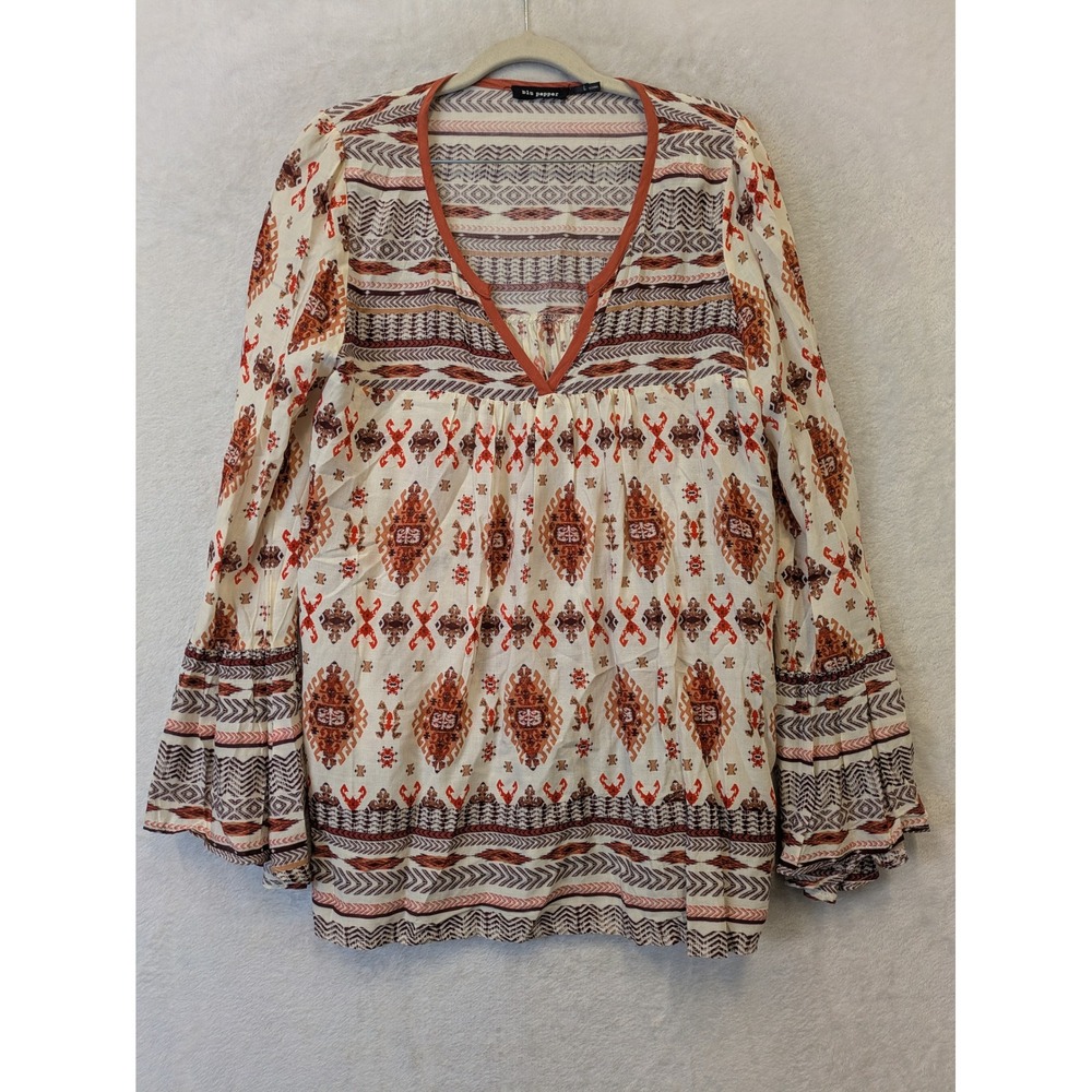 Blu Pepper‎ Women's Size L Tribal Boho Blouse Rust V-Neck Bell Sleeve